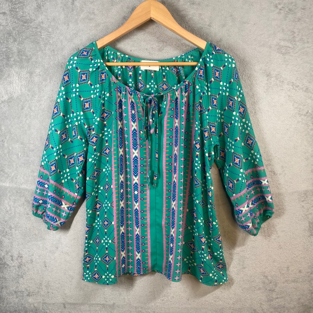 Everly Geometric Tribal Print Tie Neck Blouse Womens Small Boho Festival‎